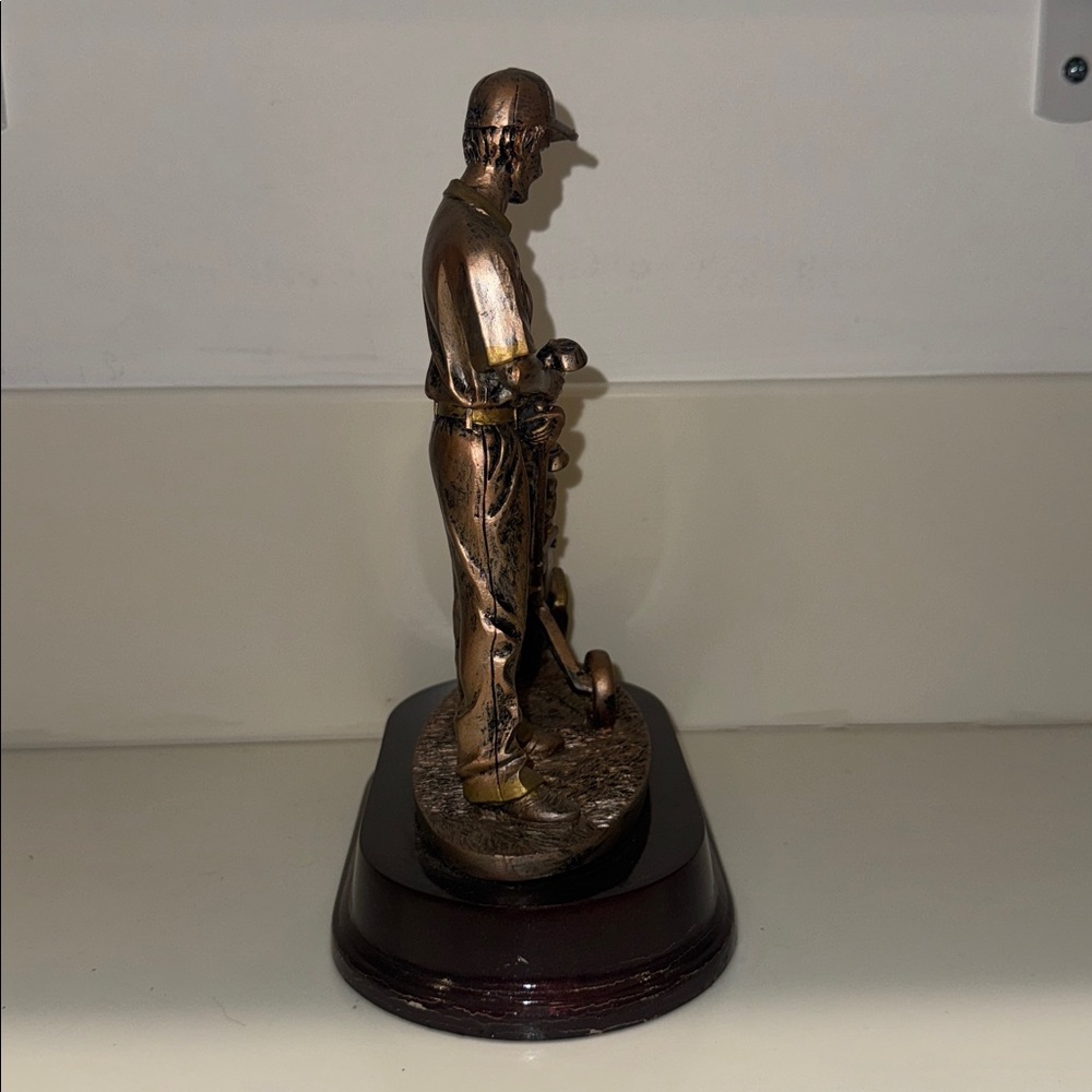 Bronze Golfer and Golf Bag Sculpture Trophy on Dark Wood Base - Picture 4 of 4